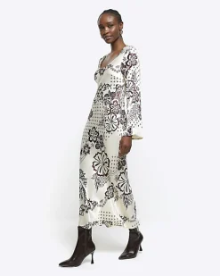 River Island satin floral belted slip midi dress Cream Discount