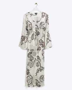 River Island satin floral belted slip midi dress Cream Discount
