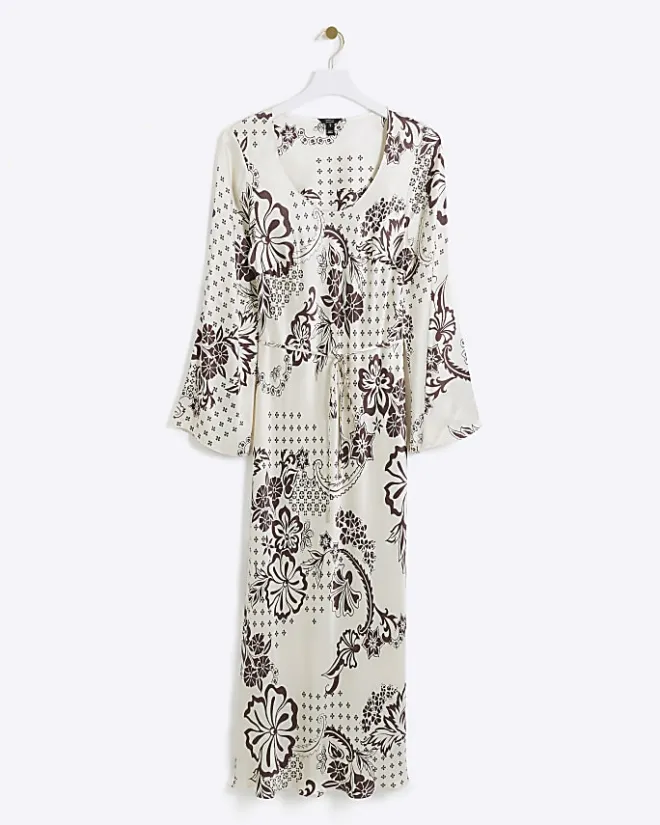River Island satin floral belted slip midi dress Cream Discount