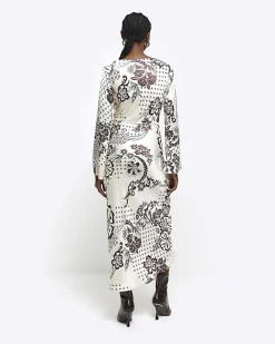 River Island satin floral belted slip midi dress Cream Discount