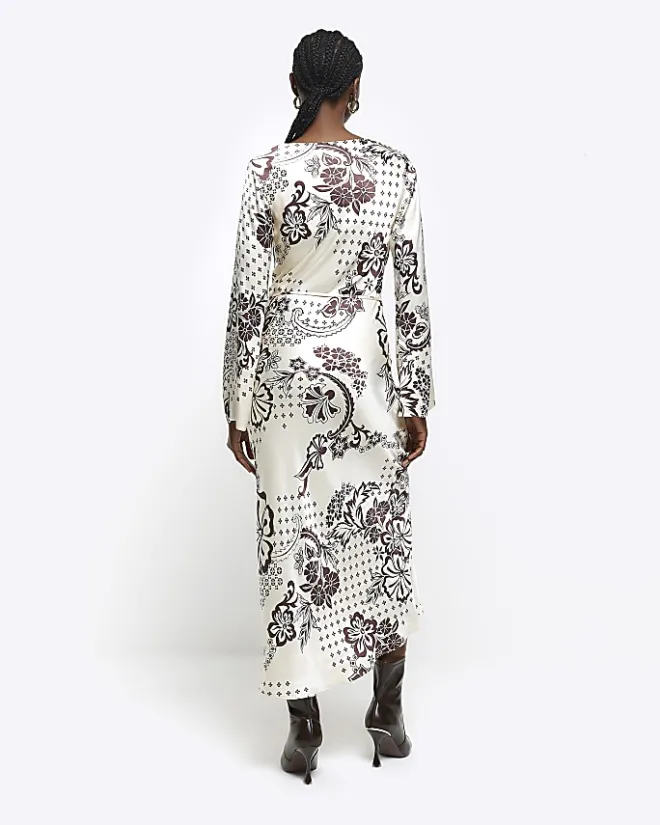 River Island satin floral belted slip midi dress Cream Discount