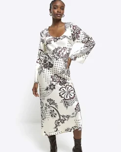 River Island satin floral belted slip midi dress Cream Discount