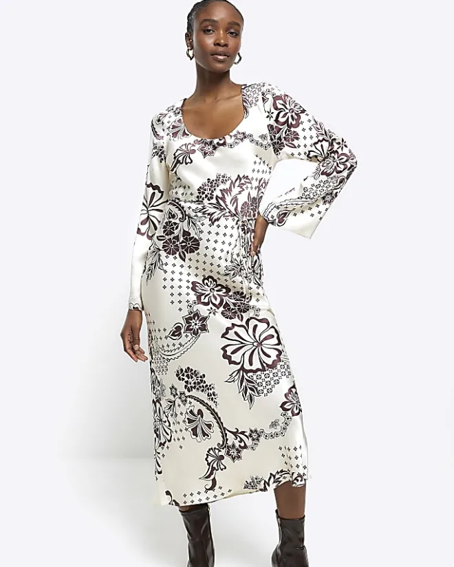 River Island satin floral belted slip midi dress Cream Discount