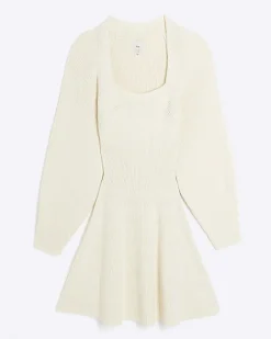 River Island square neck jumper mini dress Cream Online