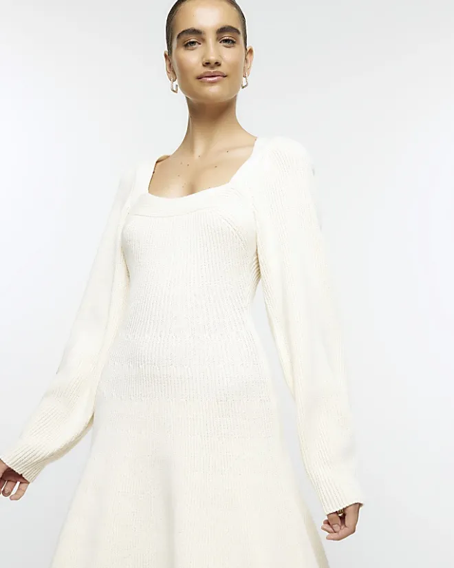 River Island square neck jumper mini dress Cream Online