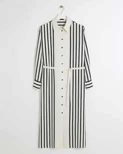 River Island stripe tie waist midi shirt dress Cream Discount