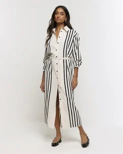 River Island stripe tie waist midi shirt dress Cream Discount