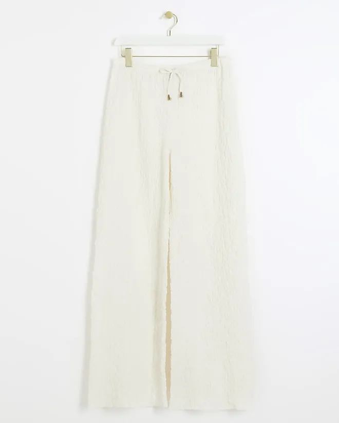 River Island textured wide leg trousers Cream Outlet