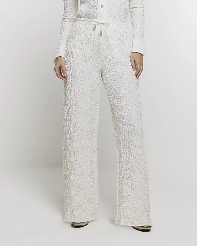 River Island textured wide leg trousers Cream Outlet