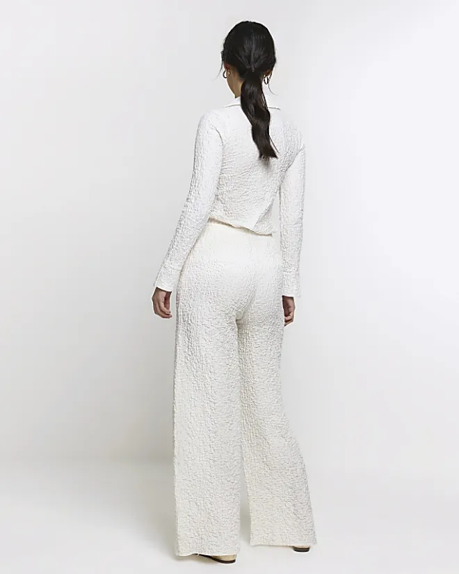 River Island textured wide leg trousers Cream Outlet