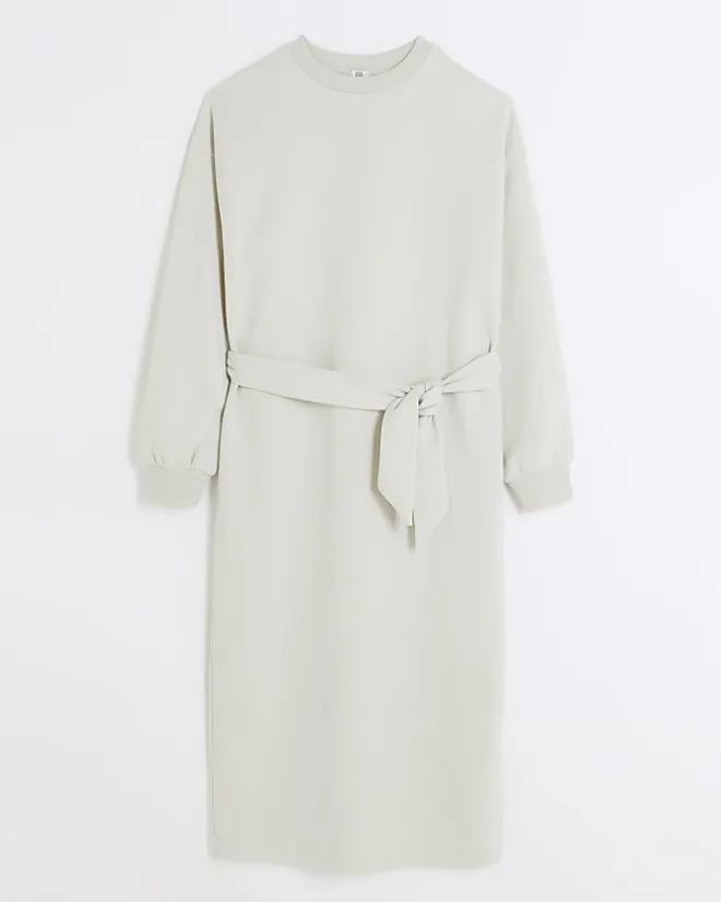 River Island tie jersey sweatshirt midi dress Cream Clearance