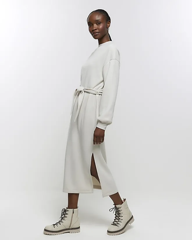 River Island tie jersey sweatshirt midi dress Cream Clearance
