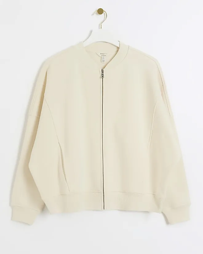 River Island zip up bomber sweatshirt Cream Sale