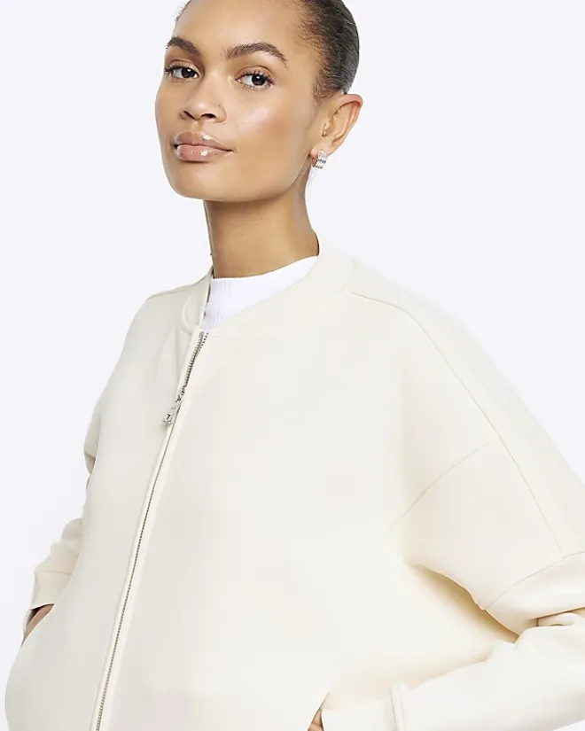 River Island zip up bomber sweatshirt Cream Sale