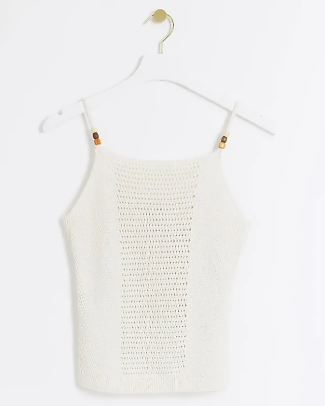 River Island Ecru crochet beaded cami top Cream Sale