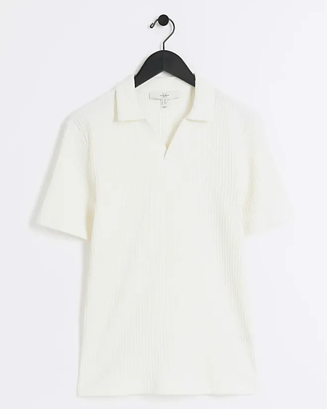 River Island Ecru muscle fit rib open collar polo Stone Clearance