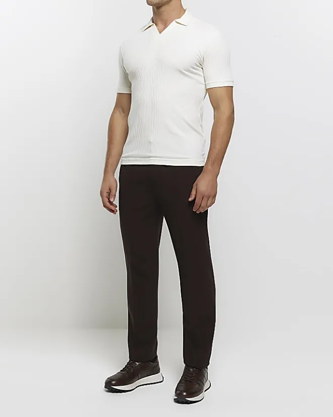 River Island Ecru muscle fit rib open collar polo Stone Clearance