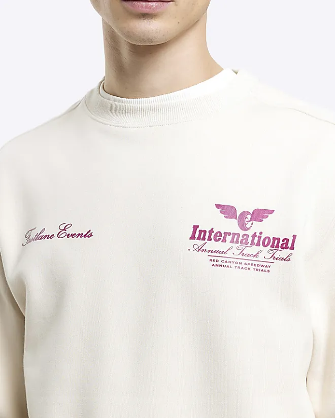 River Island Ecru regular fit graphic sweatshirt Stone Hot