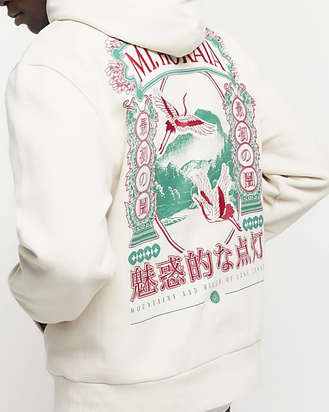 River Island Ecru regular fit Japanese graphic hoodie Stone Online