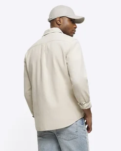River Island Ecru regular fit linen blend shirt Stone Sale