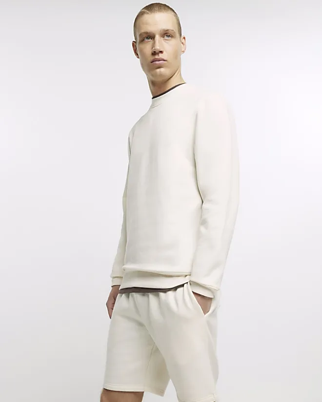 River Island Ecru regular fit plain sweatshirt Stone Clearance