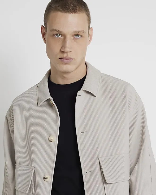 River Island Ecru regular fit plisse harrington jacket Stone Hot