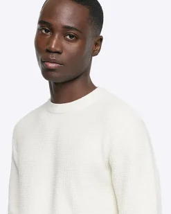 River Island Ecru slim fit waffle texture jumper Stone Discount