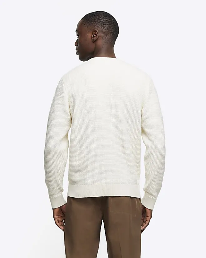 River Island Ecru slim fit waffle texture jumper Stone Discount