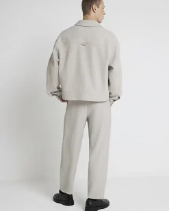 River Island Ecru tapered fit plisse smart trousers Stone Hot