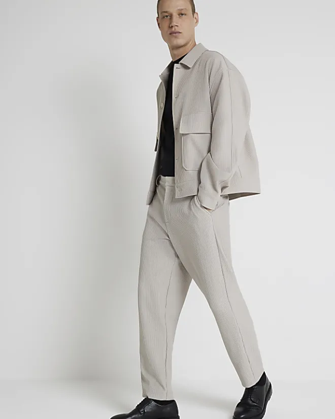 River Island Ecru tapered fit plisse smart trousers Stone Hot