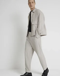 River Island Ecru tapered fit plisse smart trousers Stone Hot