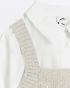 River Island Girls Beige Embellished Knit Top And Shirt Cream Sale