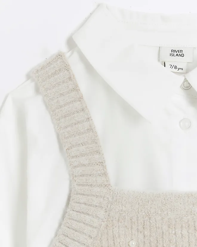 River Island Girls Beige Embellished Knit Top And Shirt Cream Sale