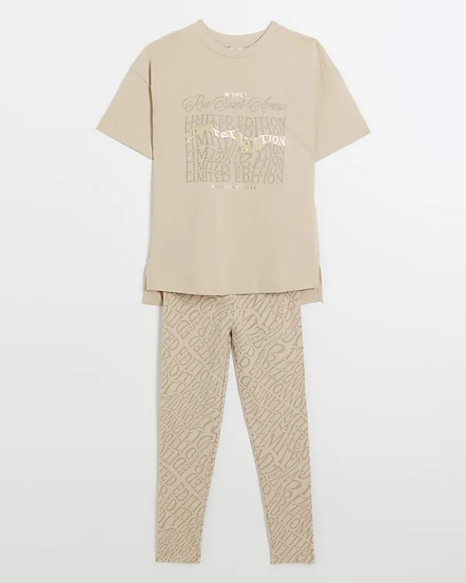 River Island Girls beige graphic t-shirt and leggings set Cream Sale
