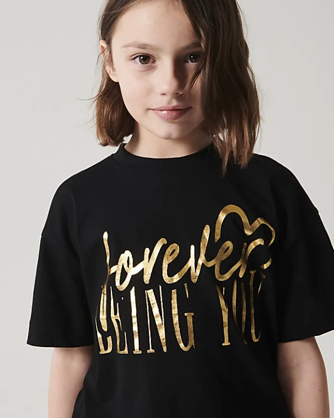River Island Girls crop graphic t-shirt Black Outlet