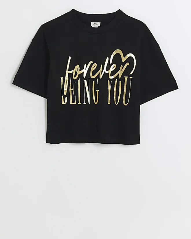 River Island Girls crop graphic t-shirt Black Outlet