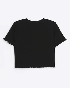 River Island Girls embroidered logo crop t-shirt Black Clearance