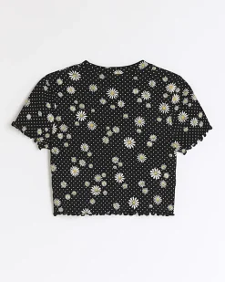 River Island Girls floral crop t-shirt Black Fashion