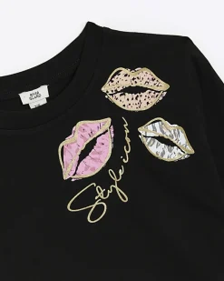 River Island Girls lips graphic crop t-shirt Black Online