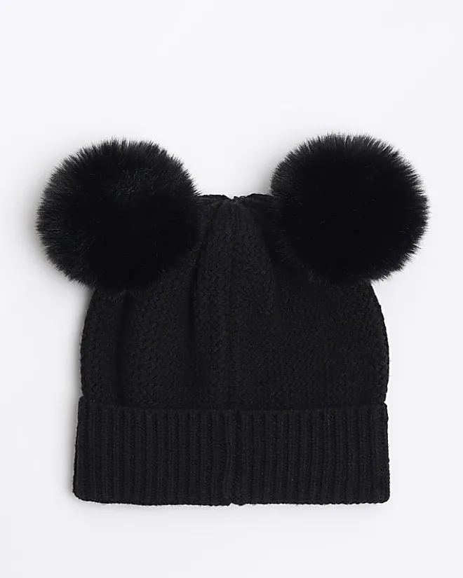 River Island Girls pom pom beanie hat Black Best
