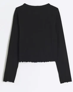 River Island Girls rib lettuce hem long sleeve top Black Outlet
