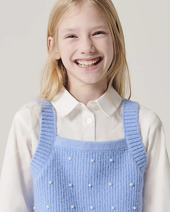 River Island Girls Embellished Knit Top and Shirt Set Blue Online