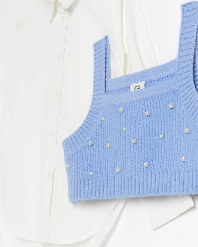 River Island Girls Embellished Knit Top and Shirt Set Blue Online