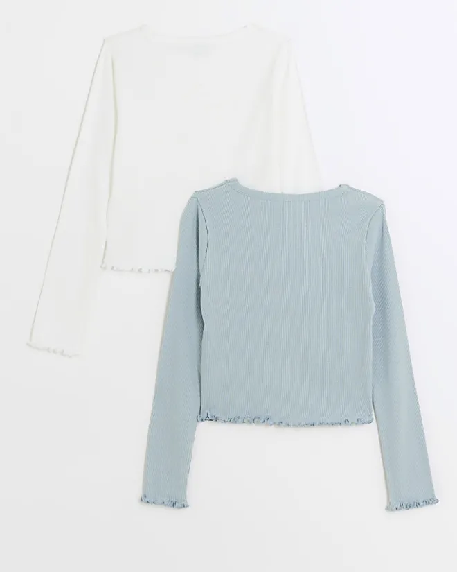 River Island Girls lettuce hem long sleeve top 2 pack Blue Sale