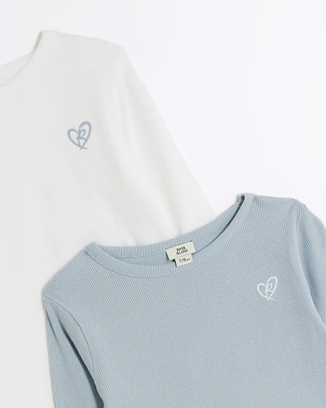 River Island Girls lettuce hem long sleeve top 2 pack Blue Sale