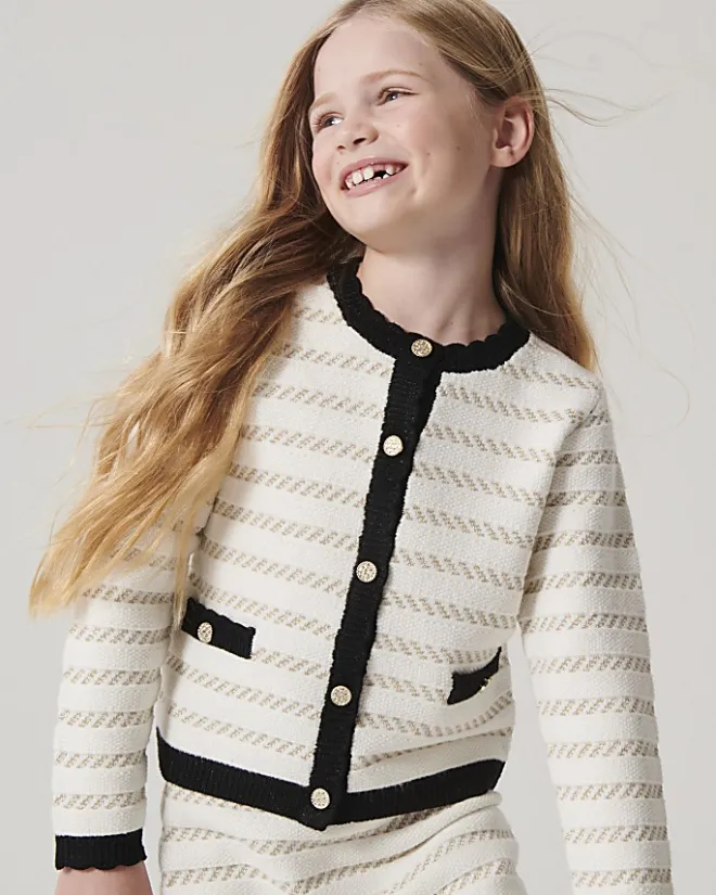 River Island Girls boucle stripe cardigan set Cream Sale