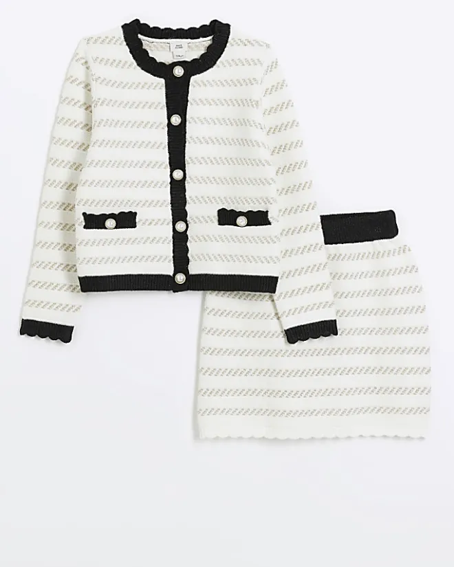 River Island Girls boucle stripe cardigan set Cream Sale