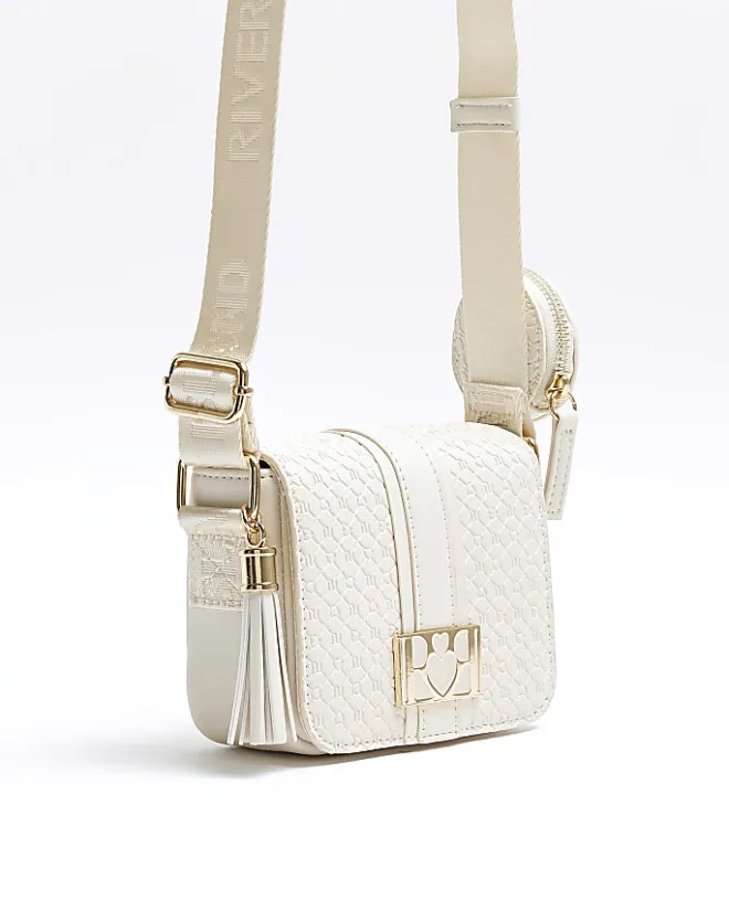 River Island Girls embossed monogram cross body bag Cream Discount