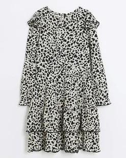 River Island Girls leopard print frill dress Cream Clearance