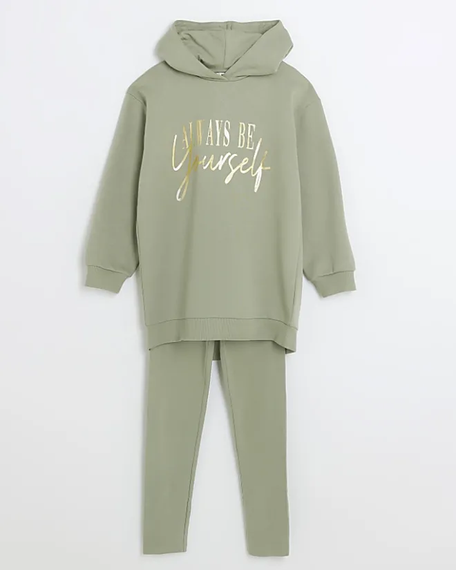 River Island Girls oversized hoodie and leggings set Khaki Sale
